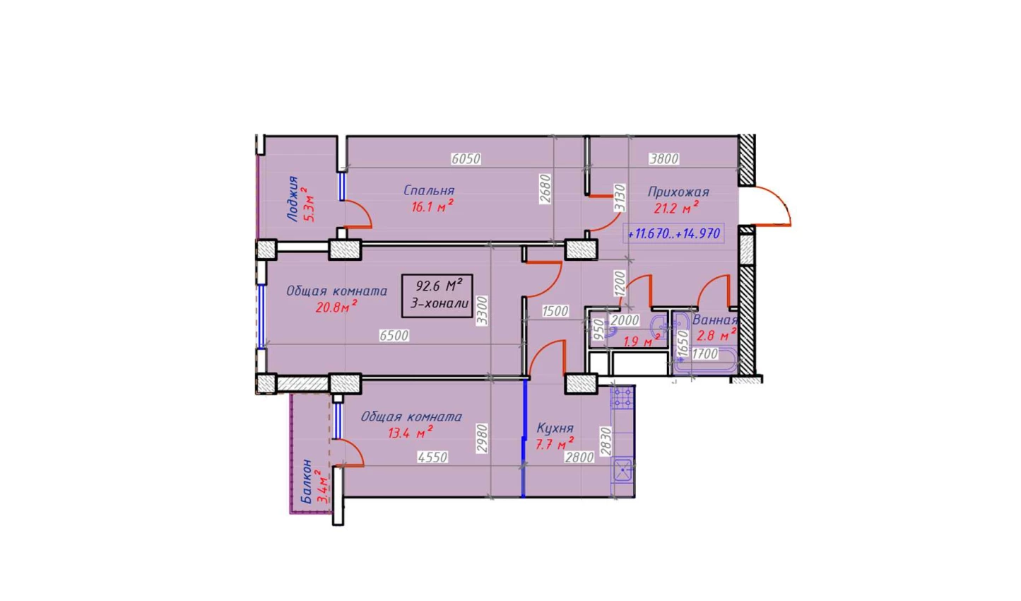 3-xonali xonadon 92.6 m²  15/15 qavat