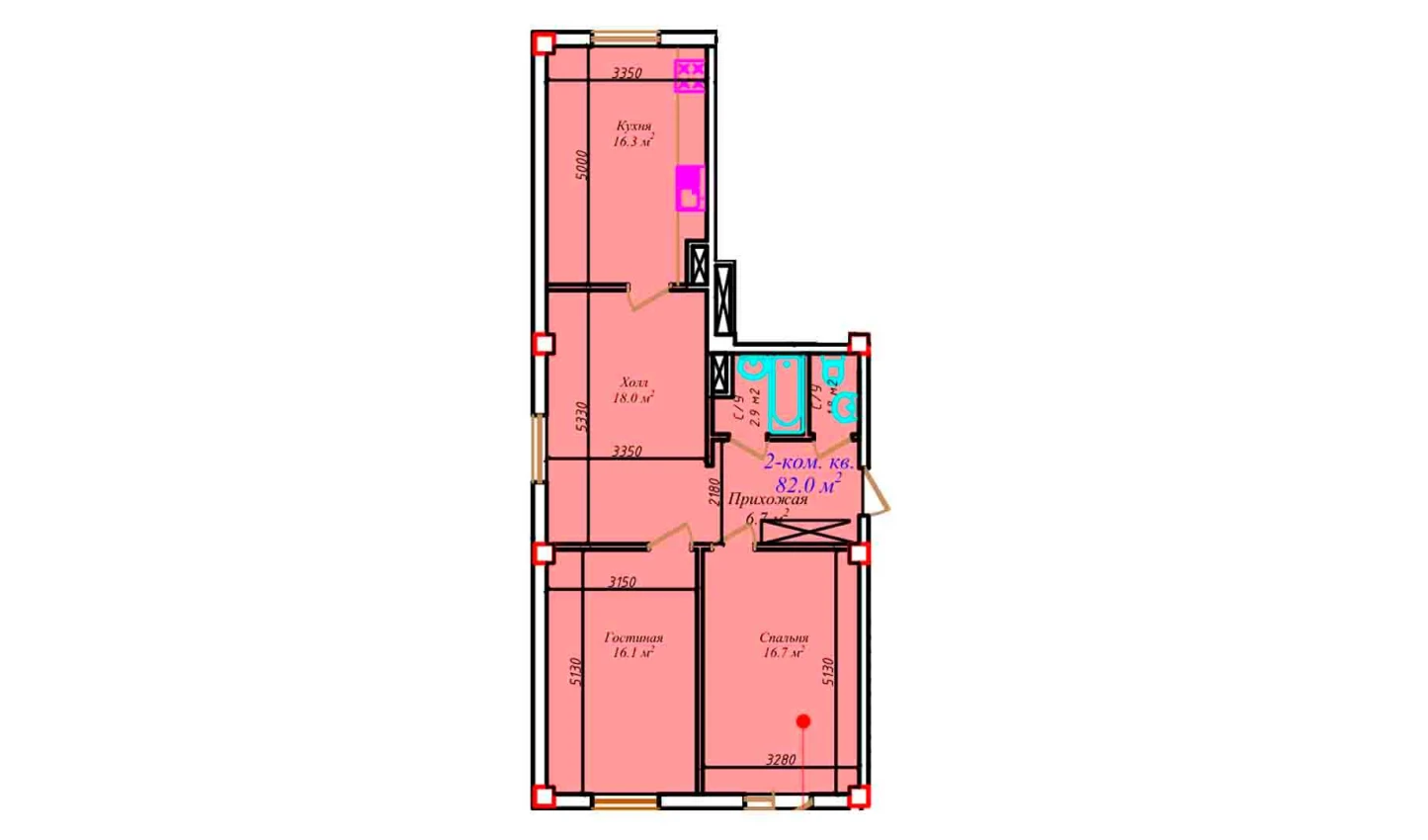 2-комнатная квартира 82 м²  7/7 этаж