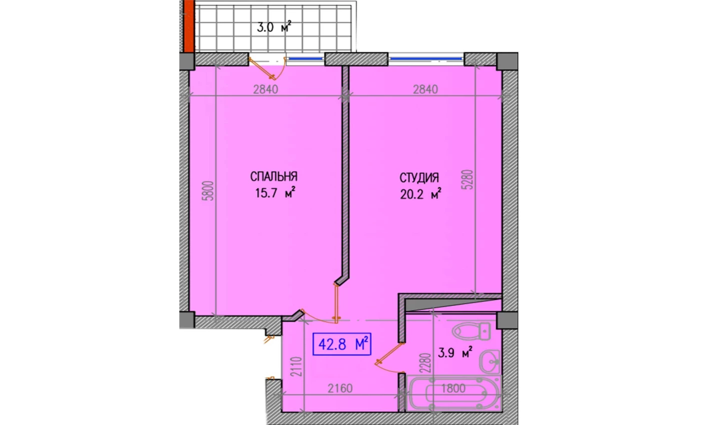 2-комнатная квартира 42.8 м²  4/4 этаж