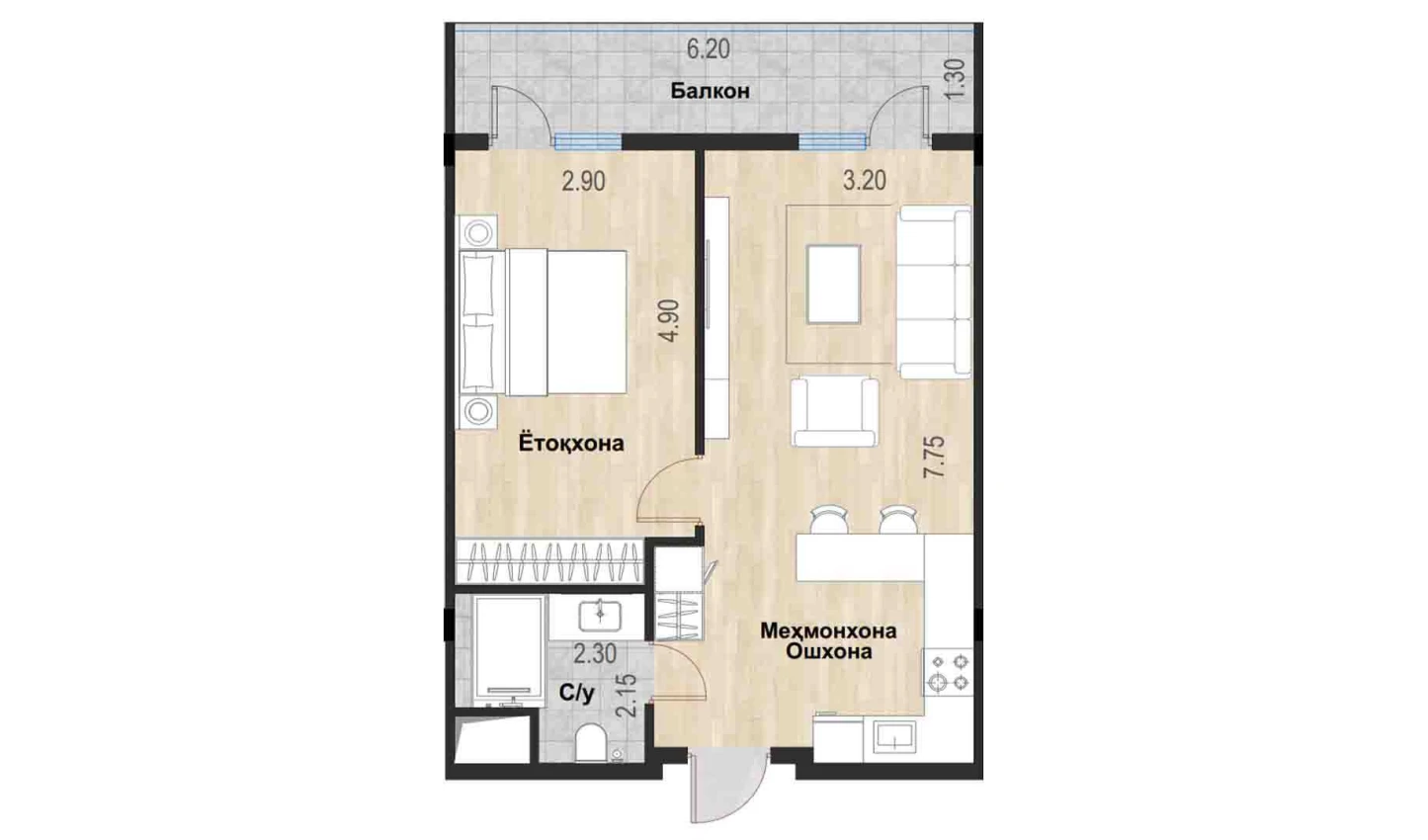 2-xonali xonadon 54.66 m²  5/7 qavat | Bochka Resort Turar-joy majmuasi