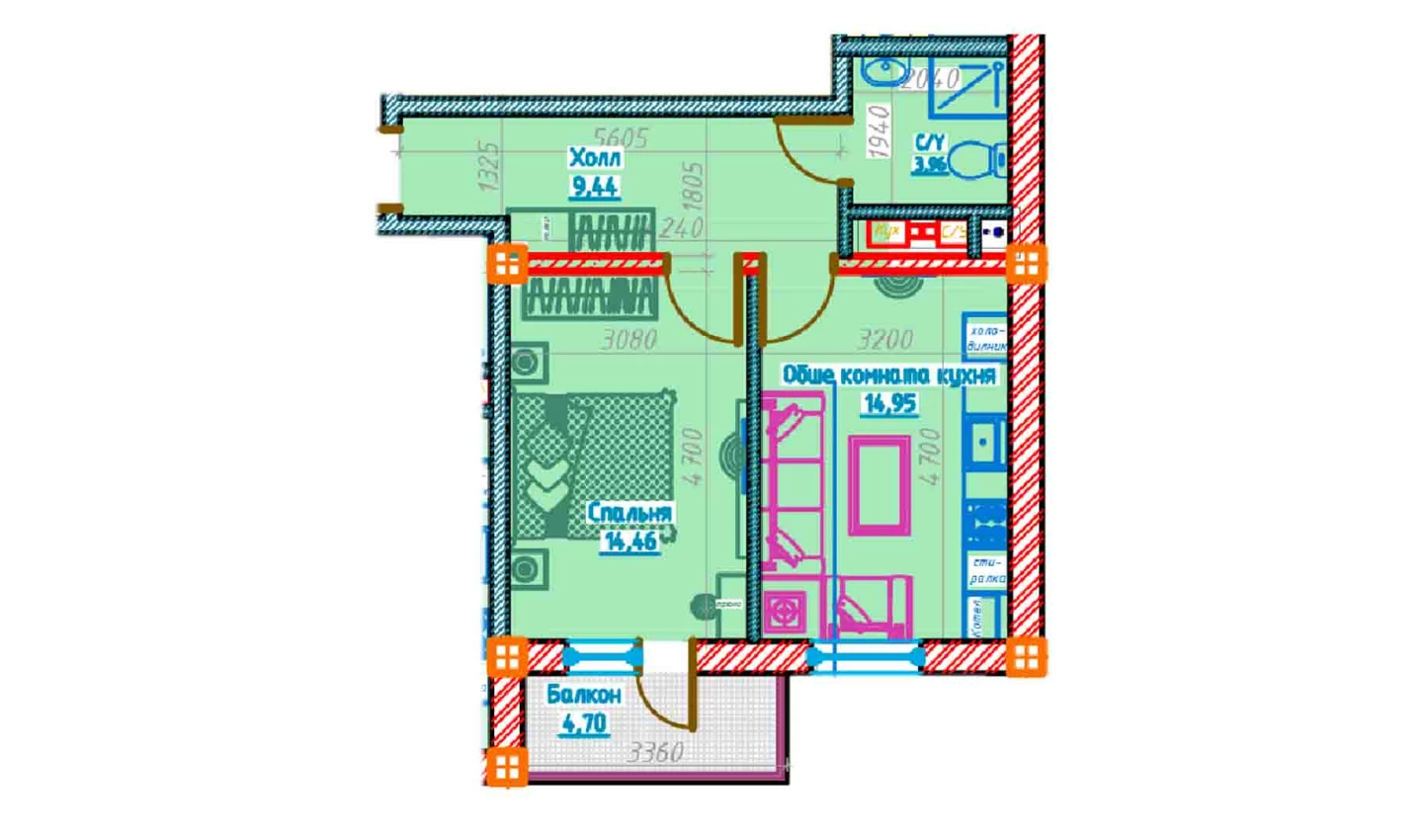 2-xonali xonadon 42.9 m²  4/4 qavat