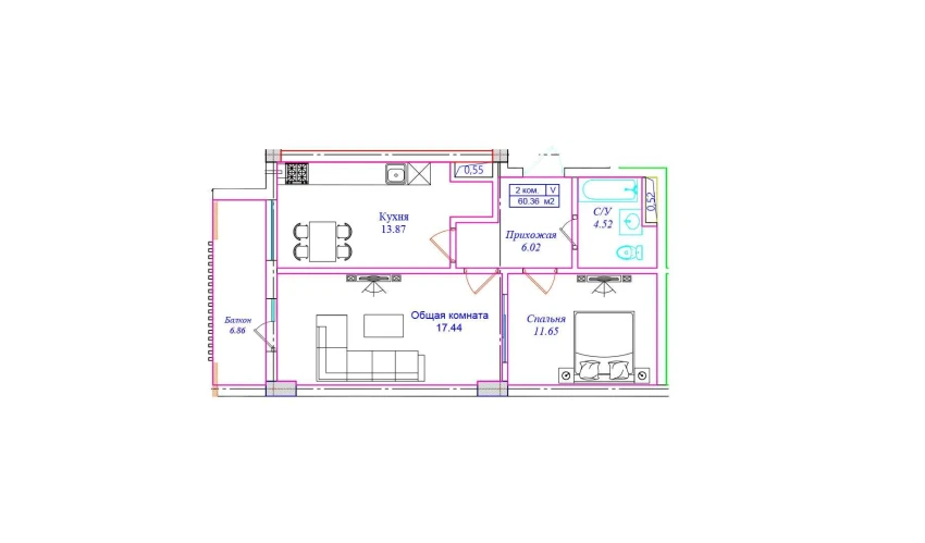 2-xonali xonadon 60.36 m²  6/8 qavat | UCHTEPA CITY Turar-joy majmuasi