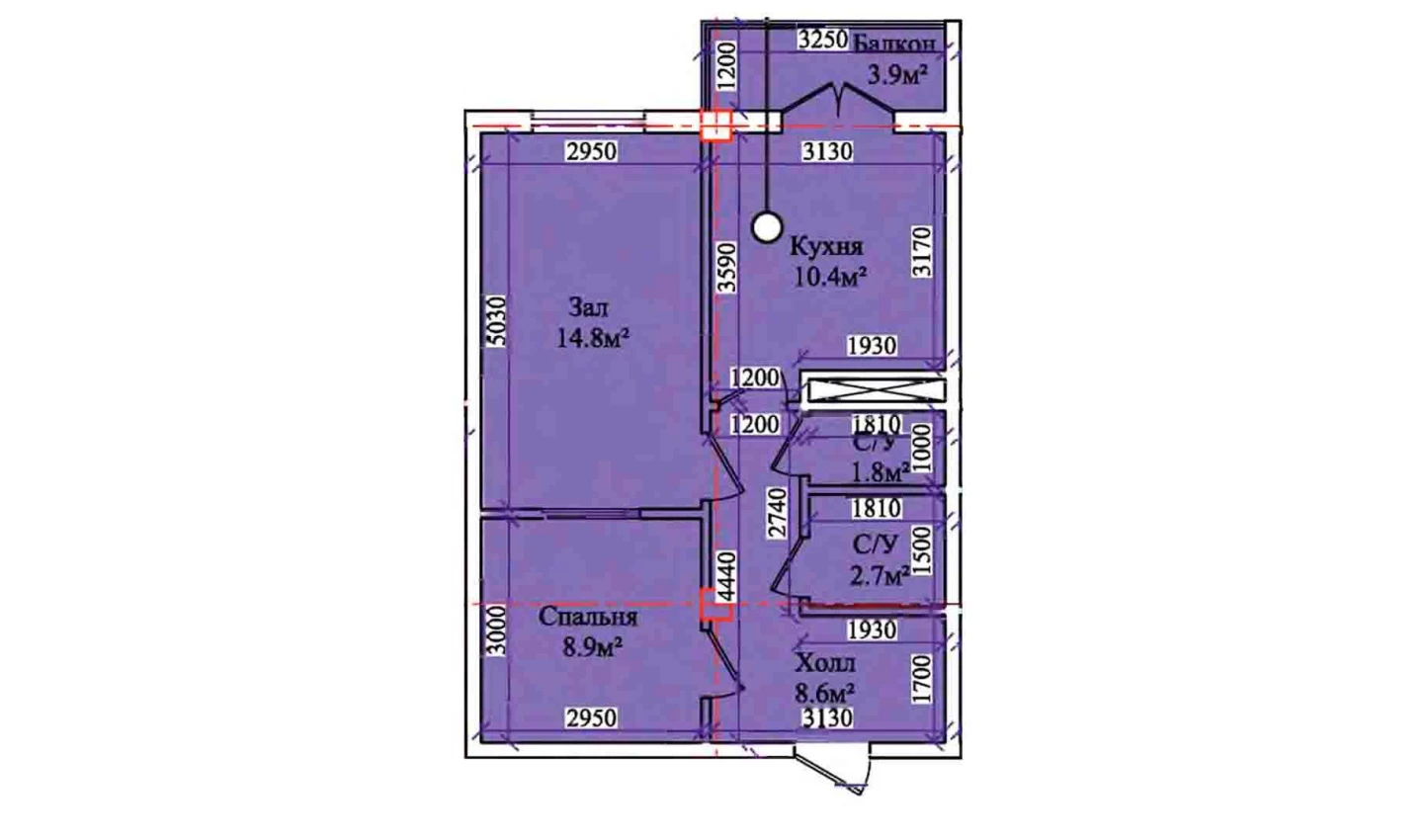 2-комнатная квартира 50.7 м²  9/9 этаж