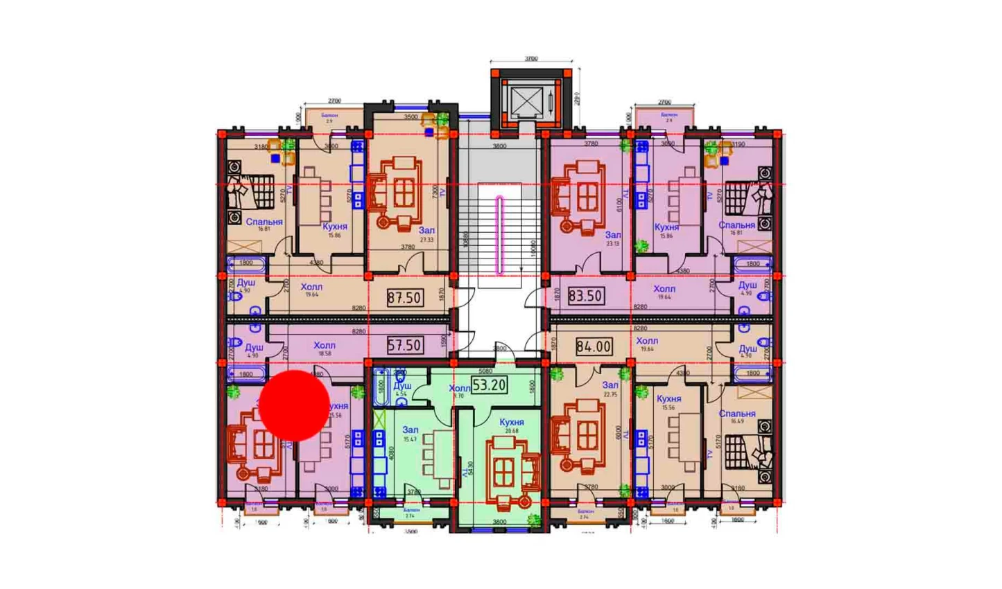 1-xonali xonadon 57.5 m²  4/4 qavat