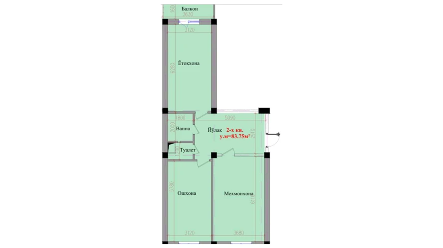 2-комнатная квартира 83.75 м²  5/5 этаж