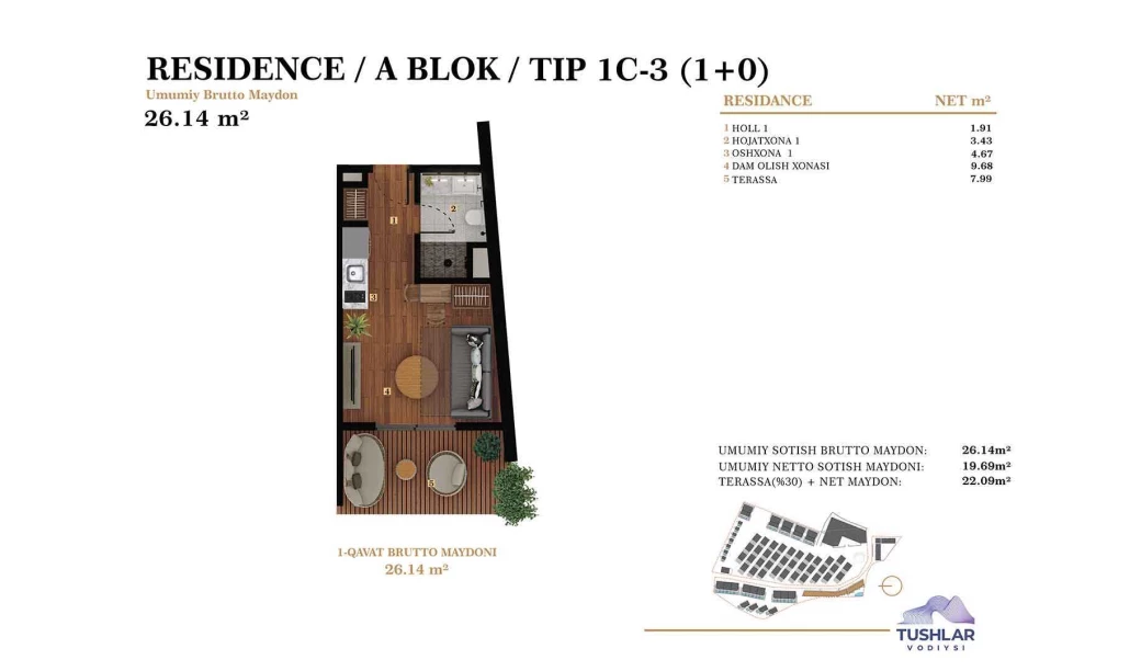 1-xonali xonadon 22.087 m²  1/1 qavat