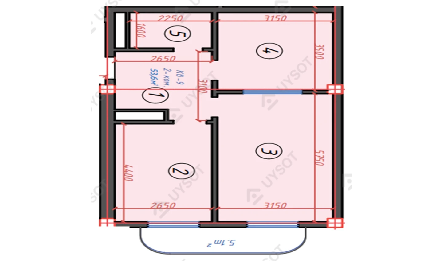 2-xonali xonadon 53.6 m²  14/14 qavat