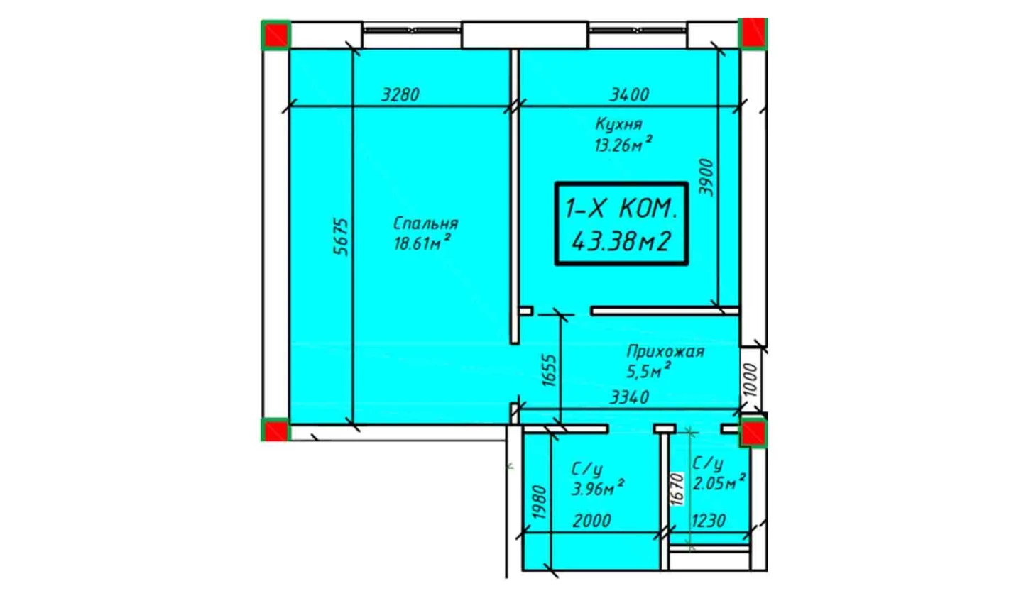 1-xonali xonadon 43.38 m²  2/2 qavat