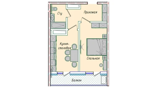 1-комнатная квартира 42.63 м²  13/13 этаж