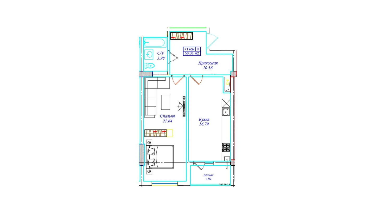 1-комнатная квартира 56.68 м²  13/13 этаж