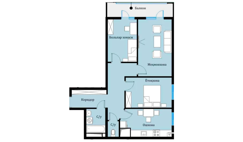 3-xonali xonadon 69.07 m²  12/16 qavat | SOKIN DIYOR Turar-joy majmuasi