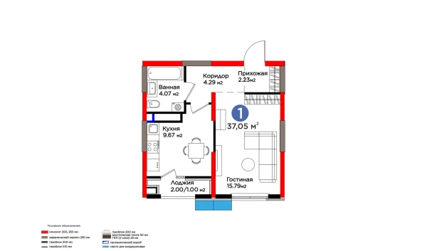 1-xonali xonadon 38.06 m²  3/9 qavat | BI Sad'O Turar-joy majmuasi