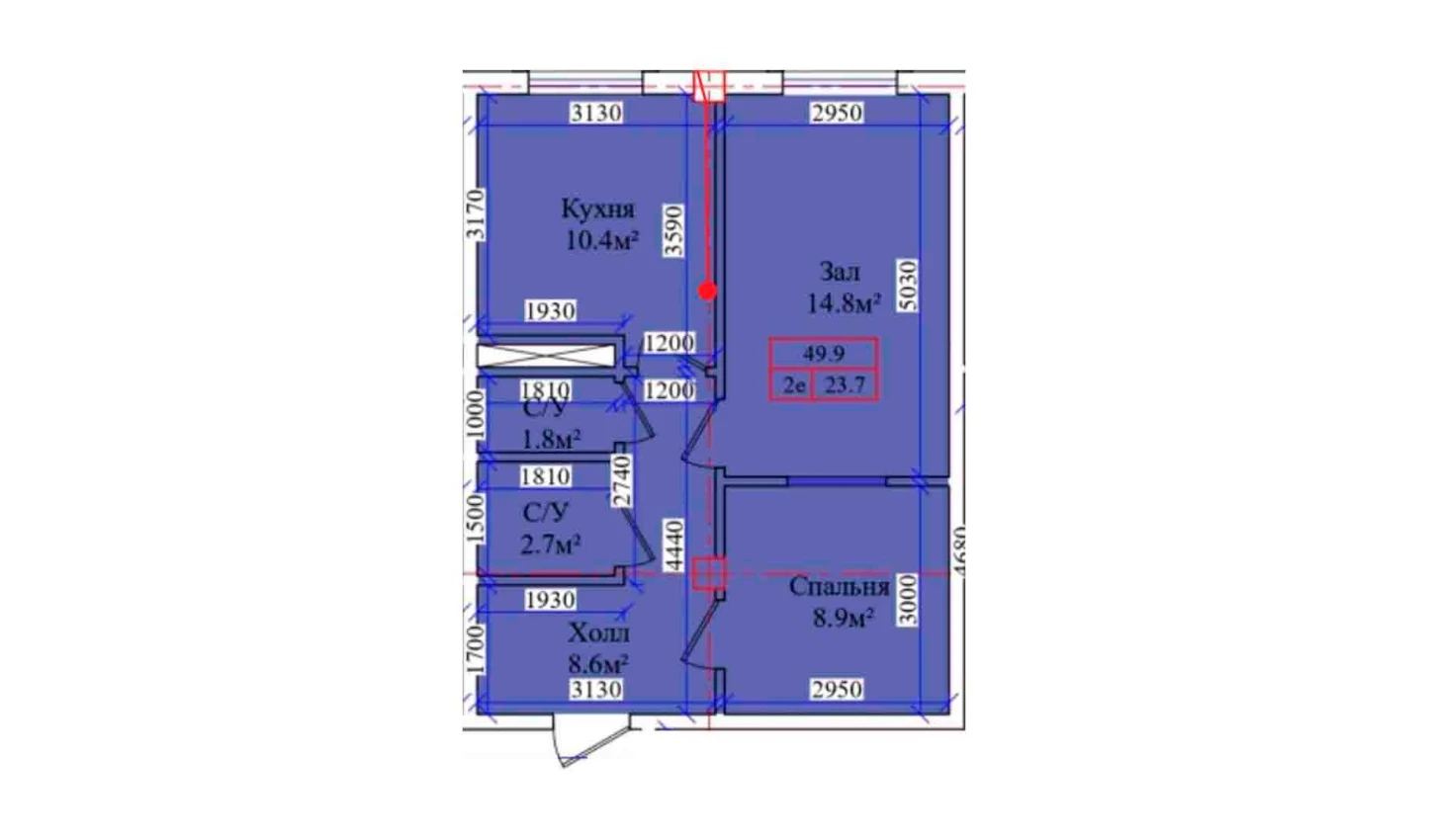 2-комнатная квартира 49.9 м²  1/1 этаж