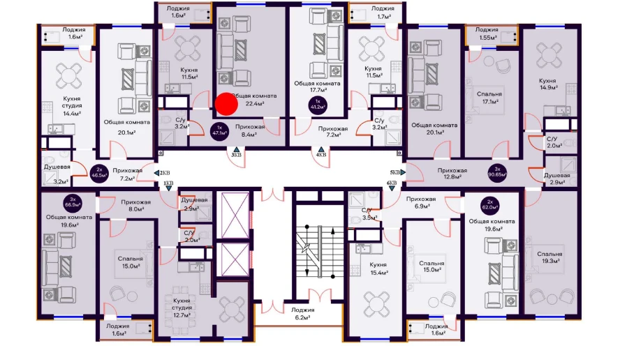 1-комнатная квартира 47.1 м²  8/8 этаж