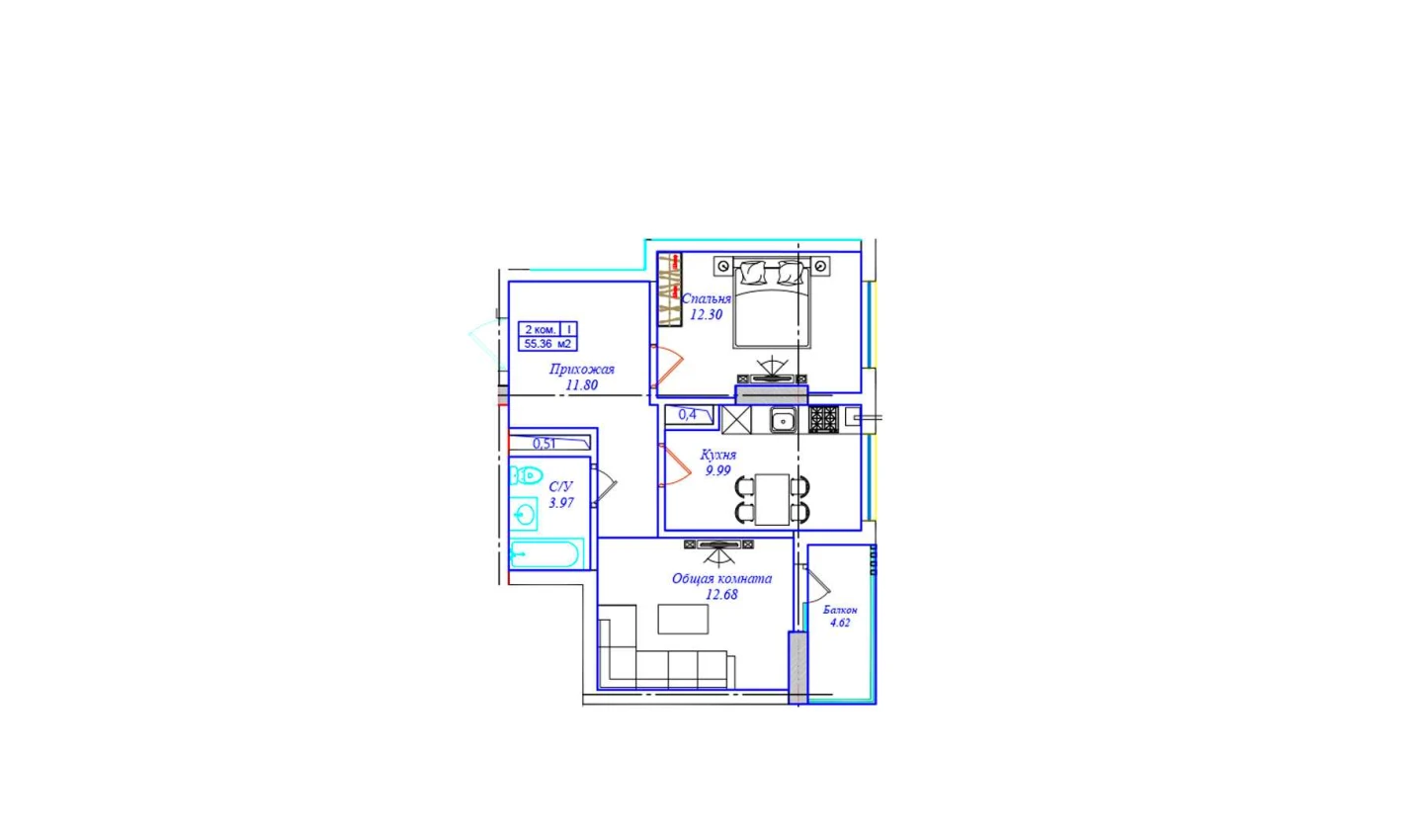 2-комнатная квартира 55.36 м²  10/10 этаж