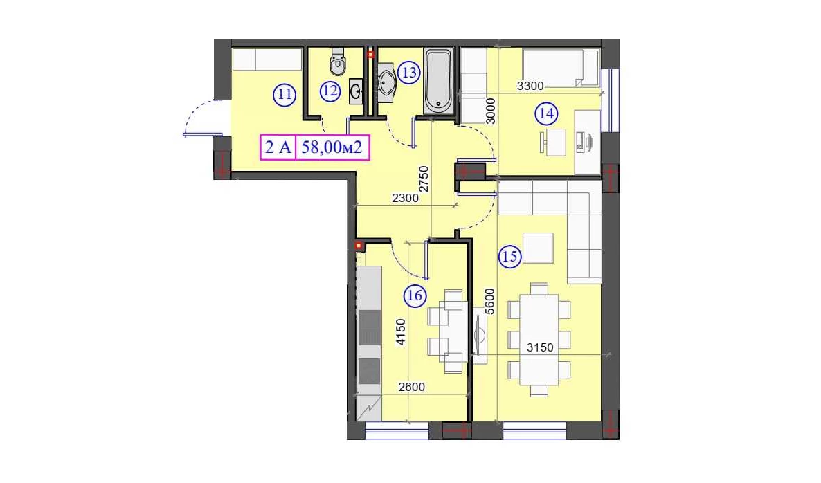 2-комнатная квартира 58 м²  0/0 этаж