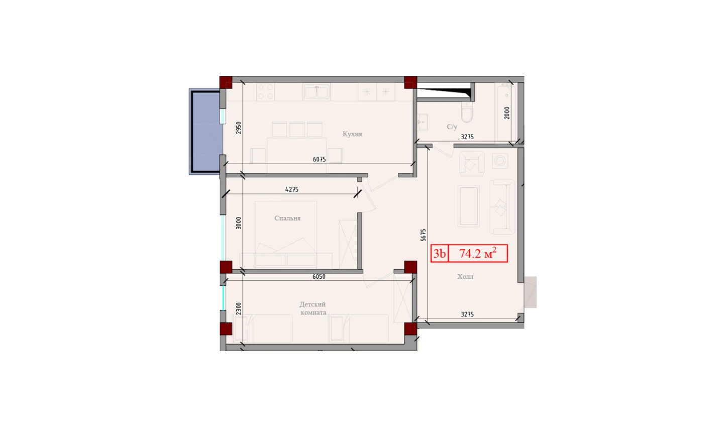 3-комнатная квартира 74.2 м²  3/3 этаж