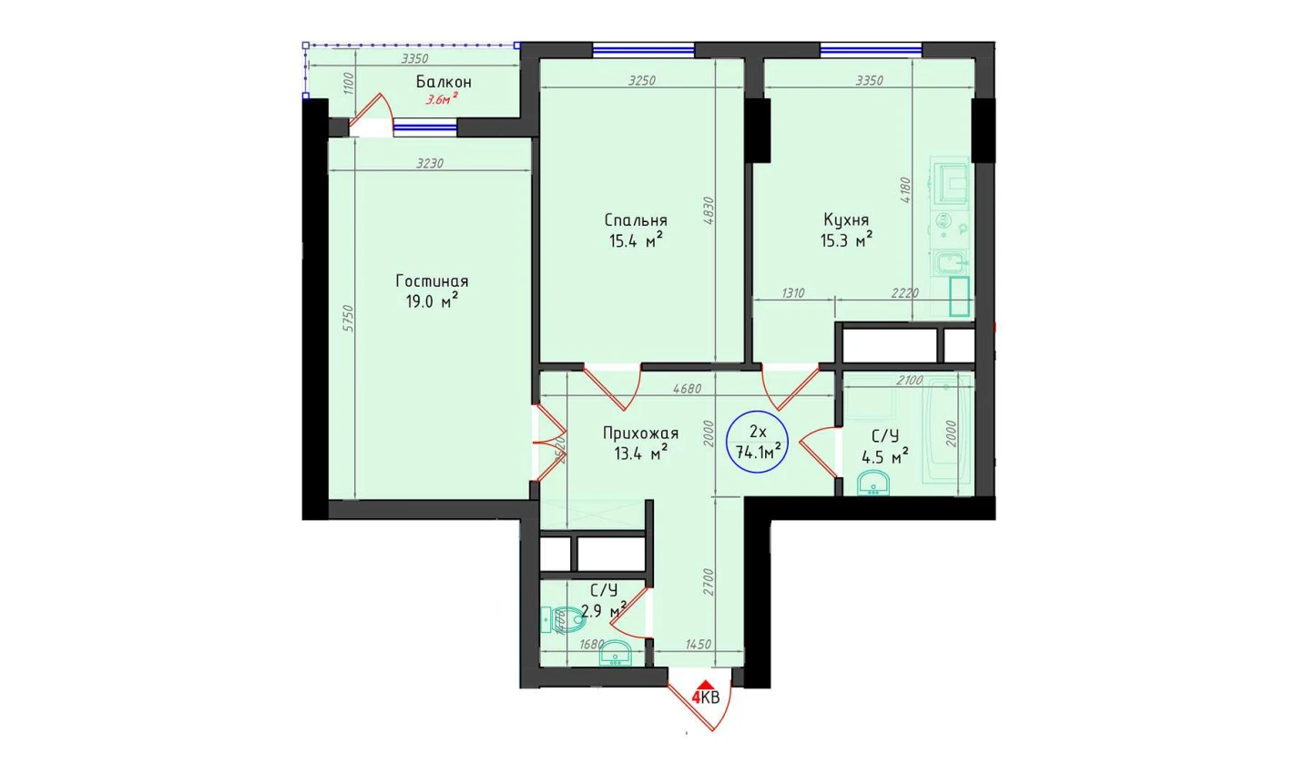 2-комнатная квартира 74.1 м²  1/1 этаж