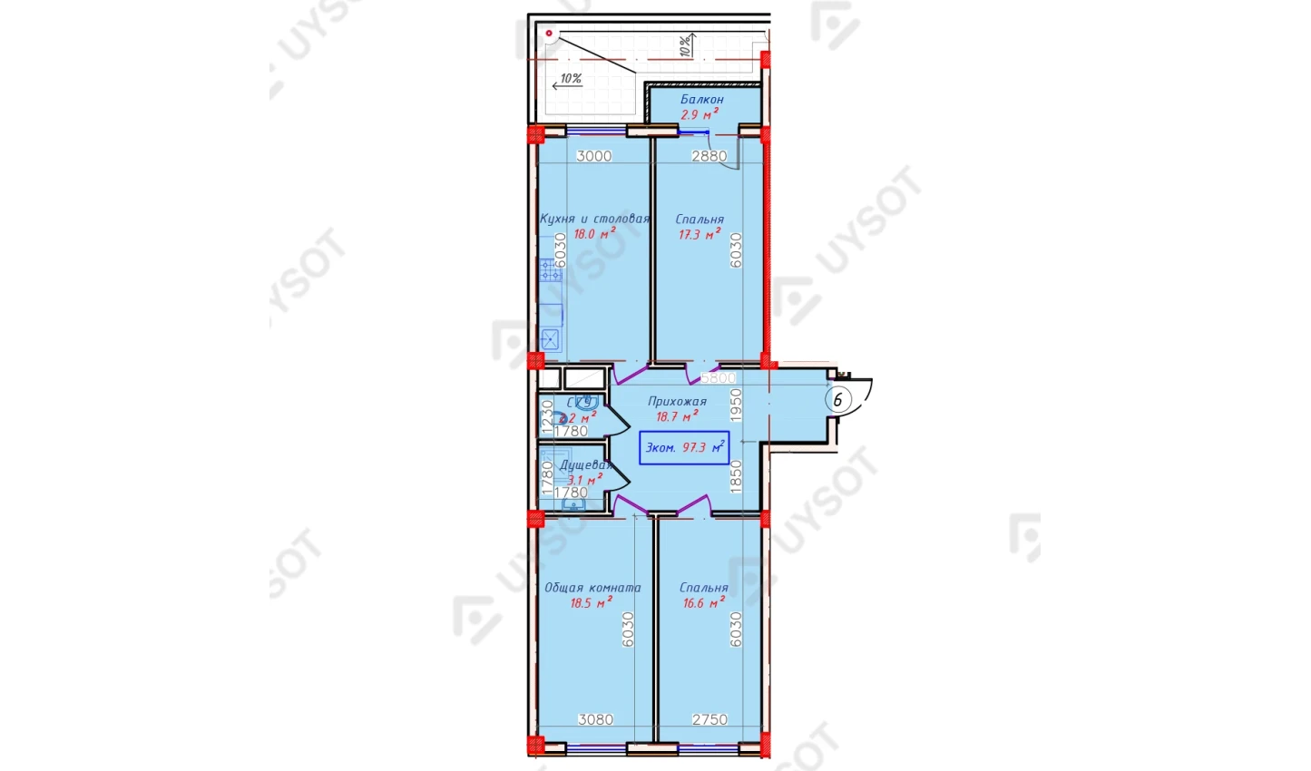 3-комнатная квартира 97.3 м²  5/5 этаж