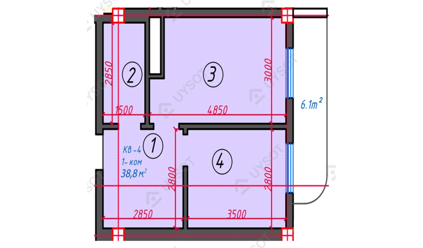 1-xonali xonadon 39.85 m²  2/2 qavat