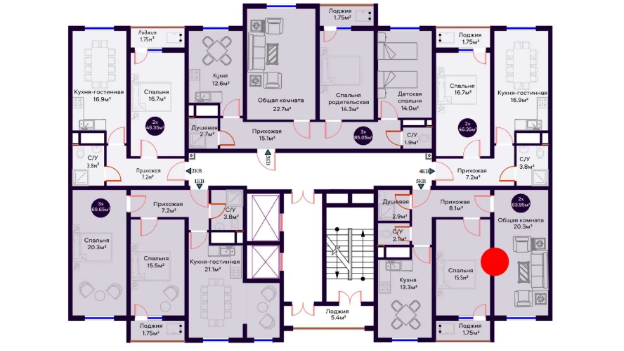 2-комнатная квартира 63.95 м²  3/3 этаж