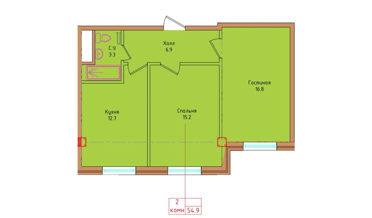 2-комнатная квартира 54.9 м²  1/1 этаж