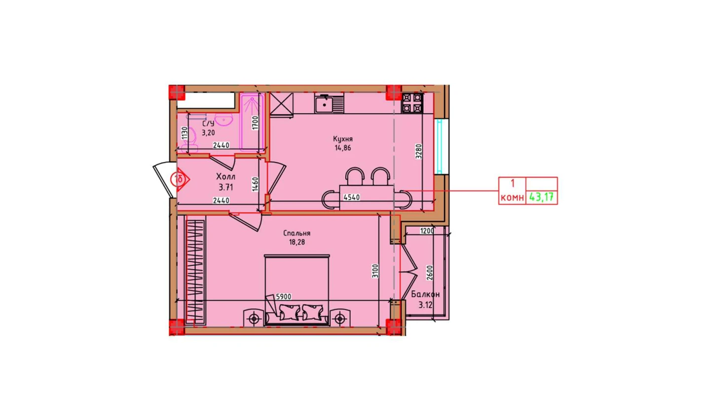 1-xonali xonadon 40.05 m²  4/4 qavat