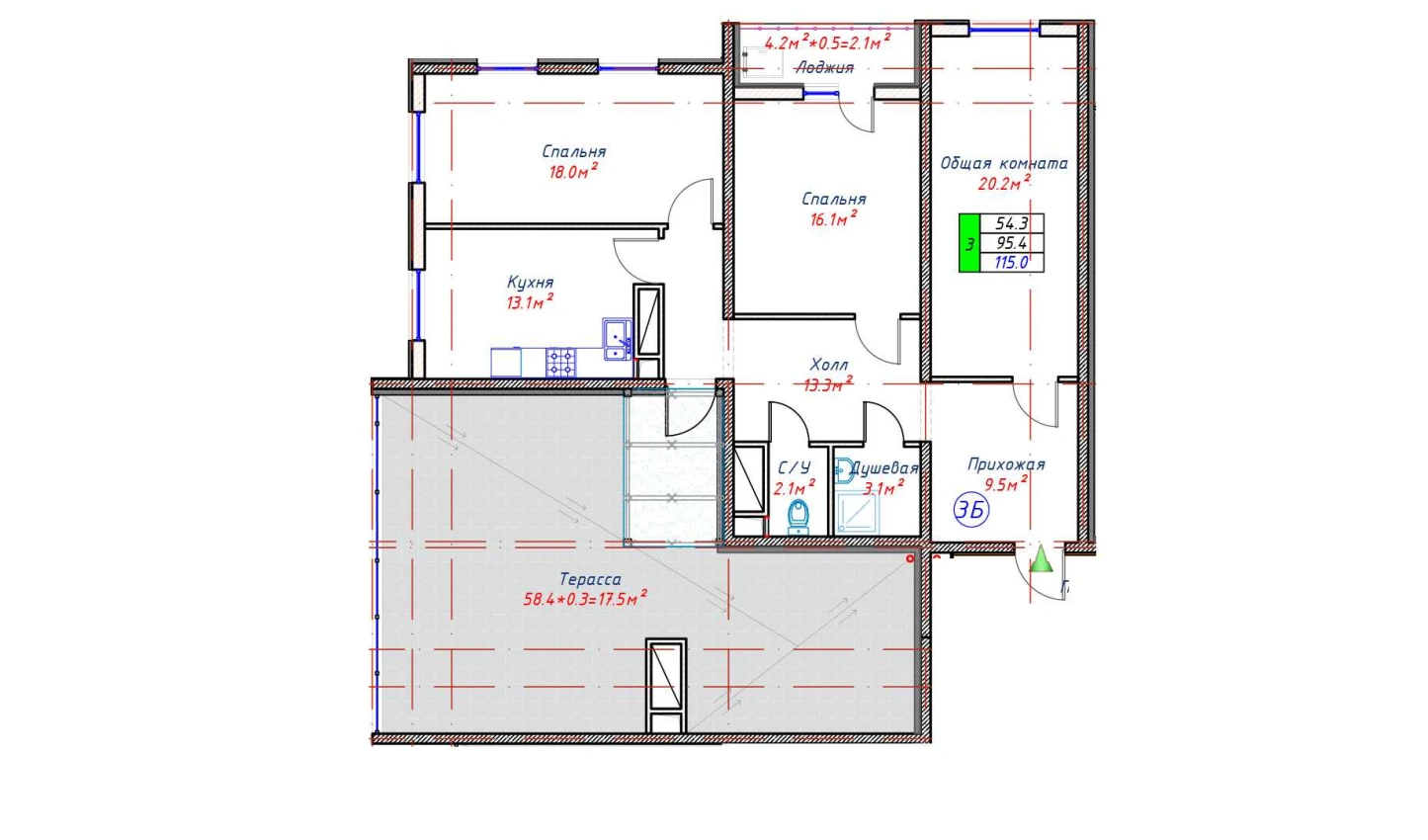 2-xonali xonadon 95.4 m²  16/16 qavat