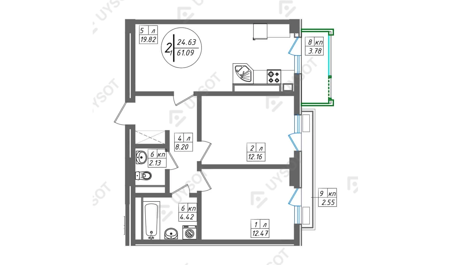 2-комнатная квартира 61.09 м²  4/4 этаж