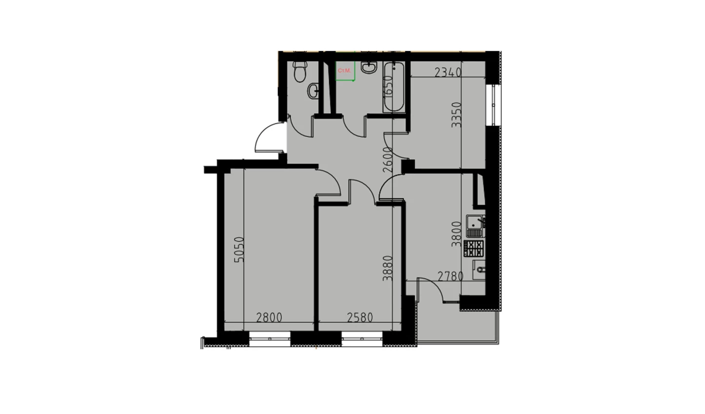 3-комнатная квартира 55.32 м²  8/8 этаж