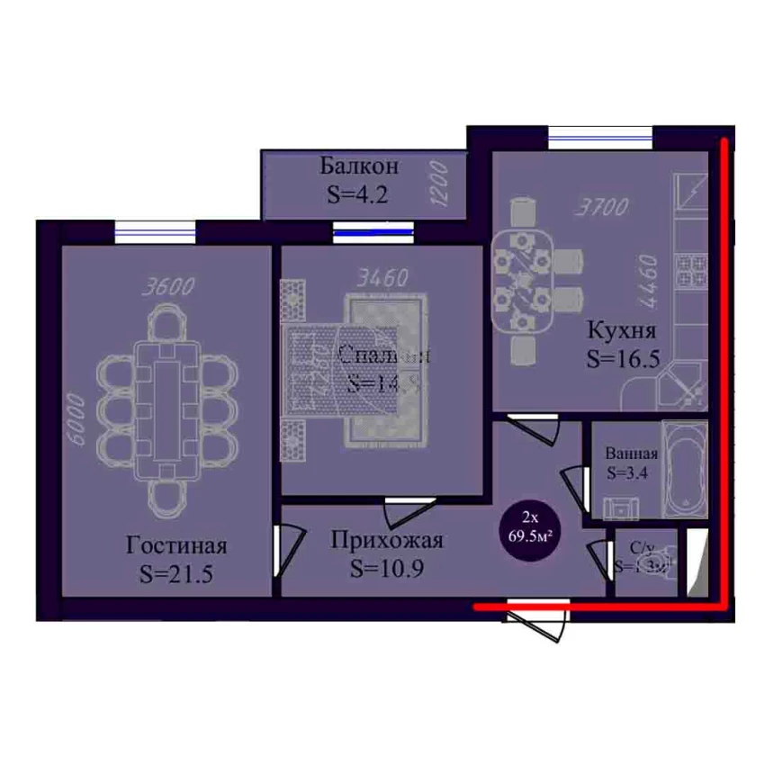 2-комнатная квартира 69.5 м²  3/3 этаж