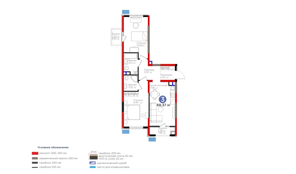 3-комнатная квартира 68.37 м²  4/4 этаж