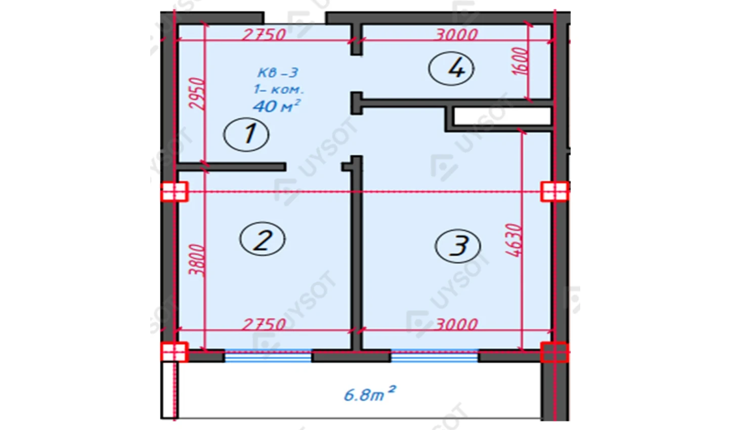 1-xonali xonadon 40 m²  16/16 qavat