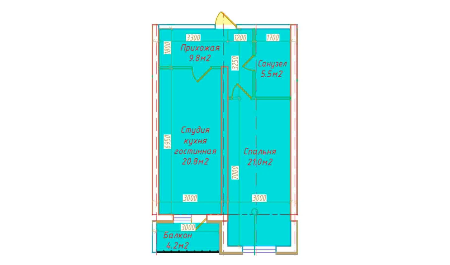 2-xonali xonadon 61.3 m²  4/16 qavat | DO'MBIROBOD RESIDENCE Turar-joy majmuasi