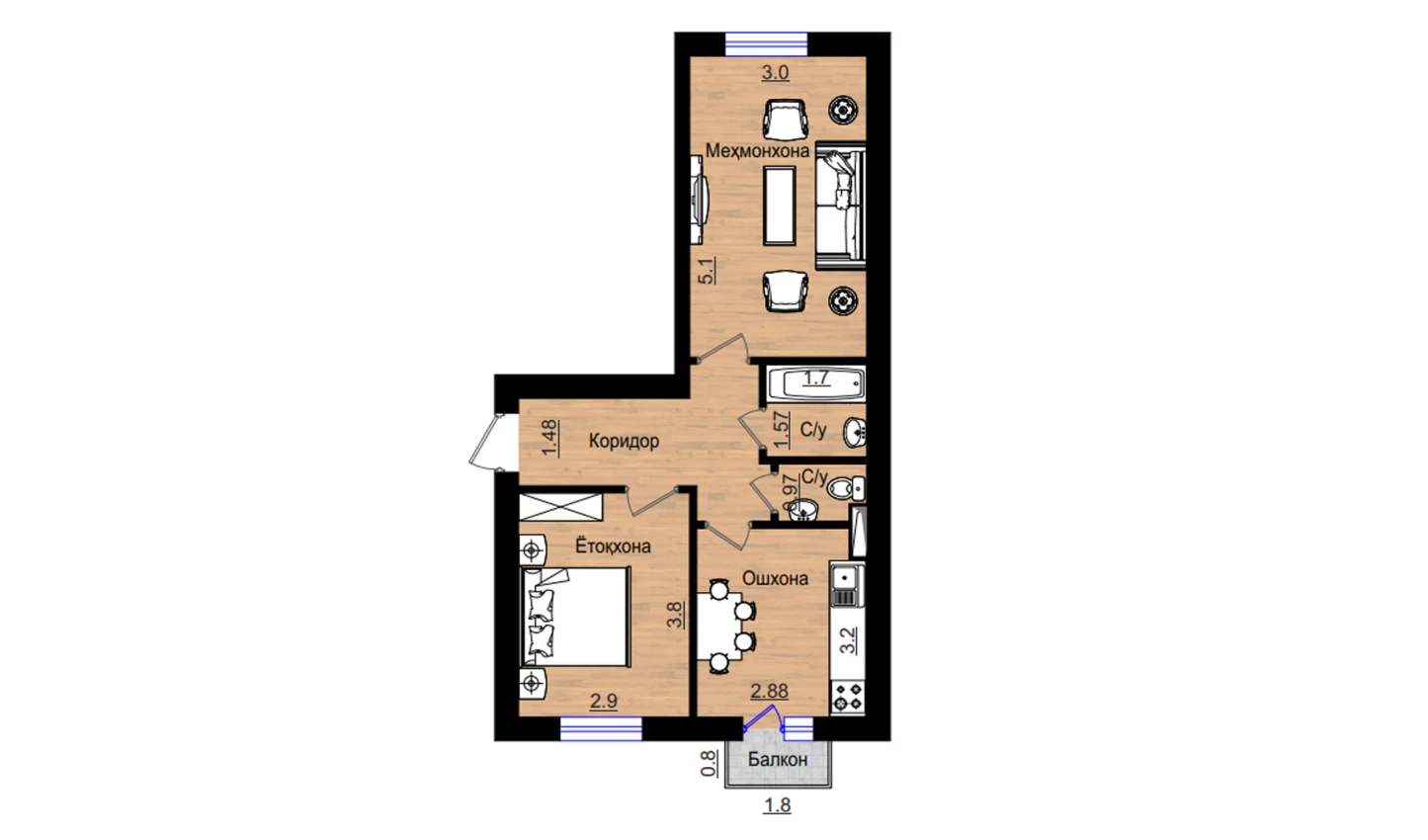 2-комнатная квартира 57.26 м²  5/5 этаж