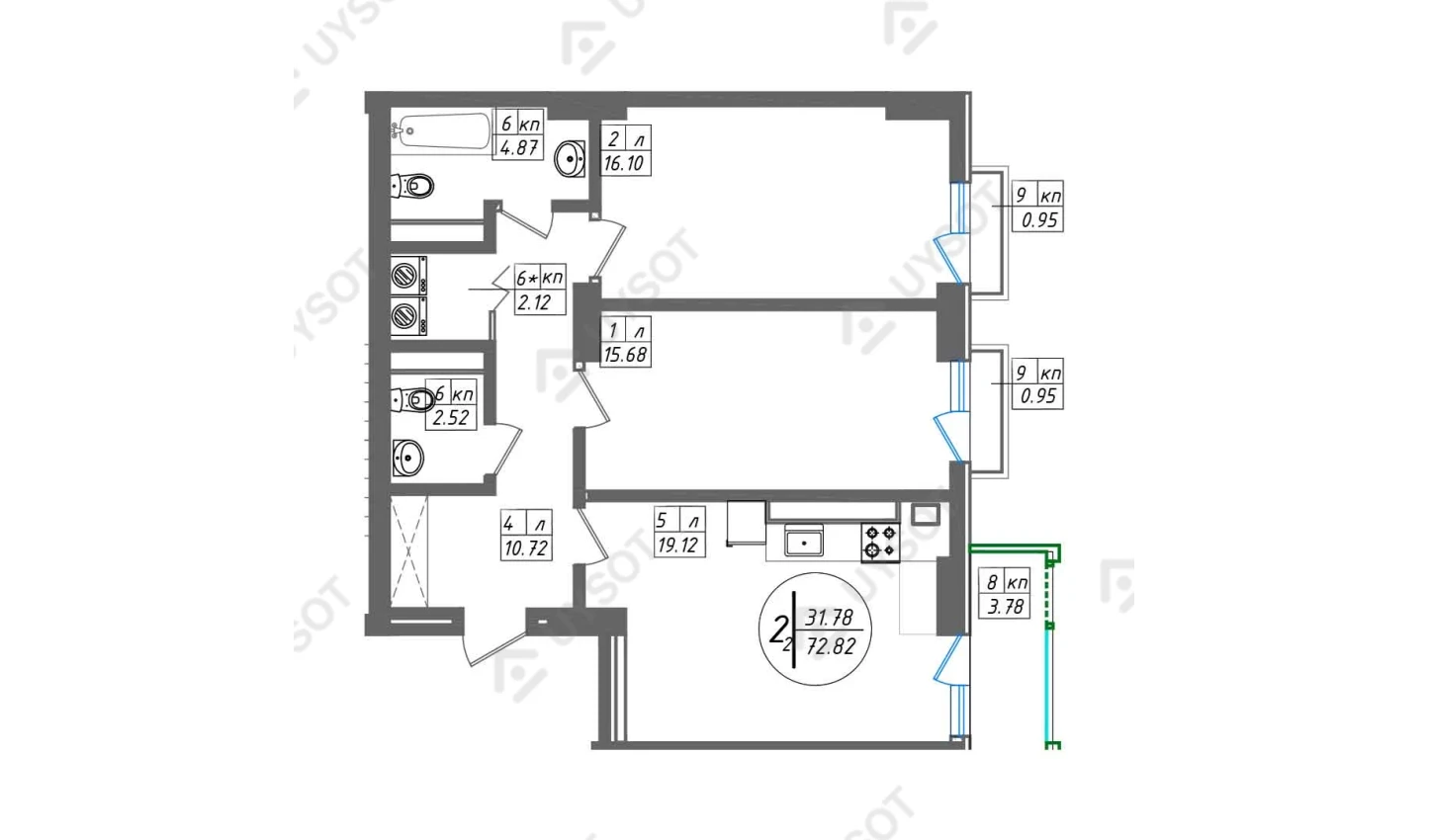 2-комнатная квартира 72.82 м²  11/11 этаж