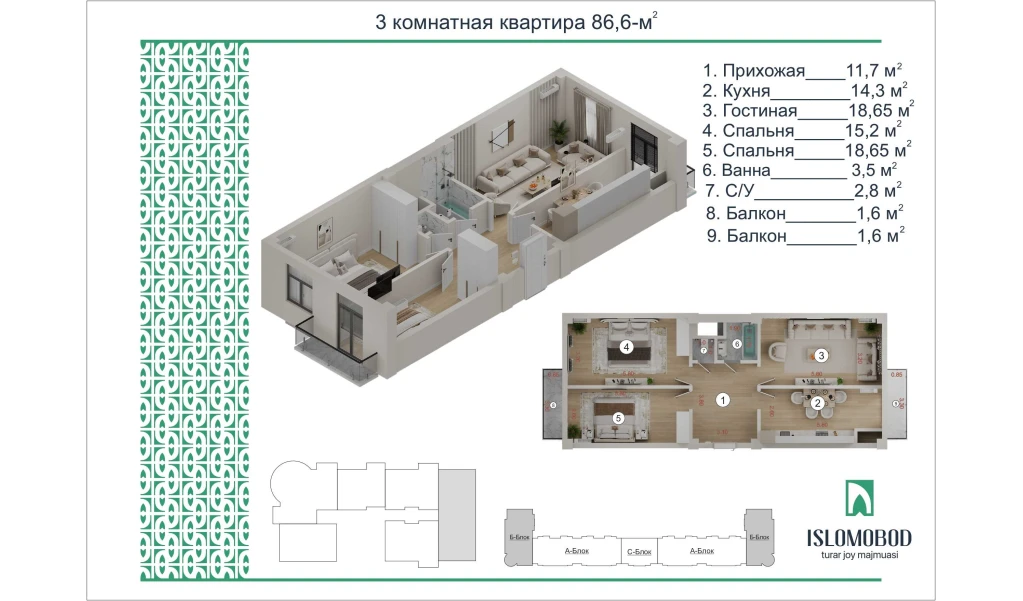 3-xonali xonadon 86.6 m²  14/14 qavat