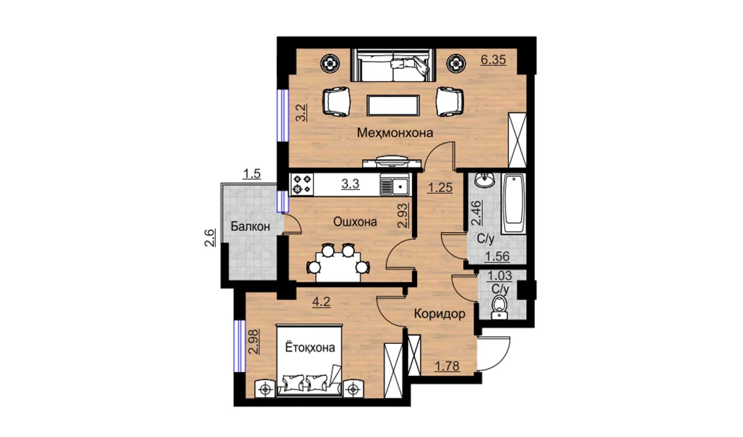 2-комнатная квартира 66.55 м²  4/4 этаж