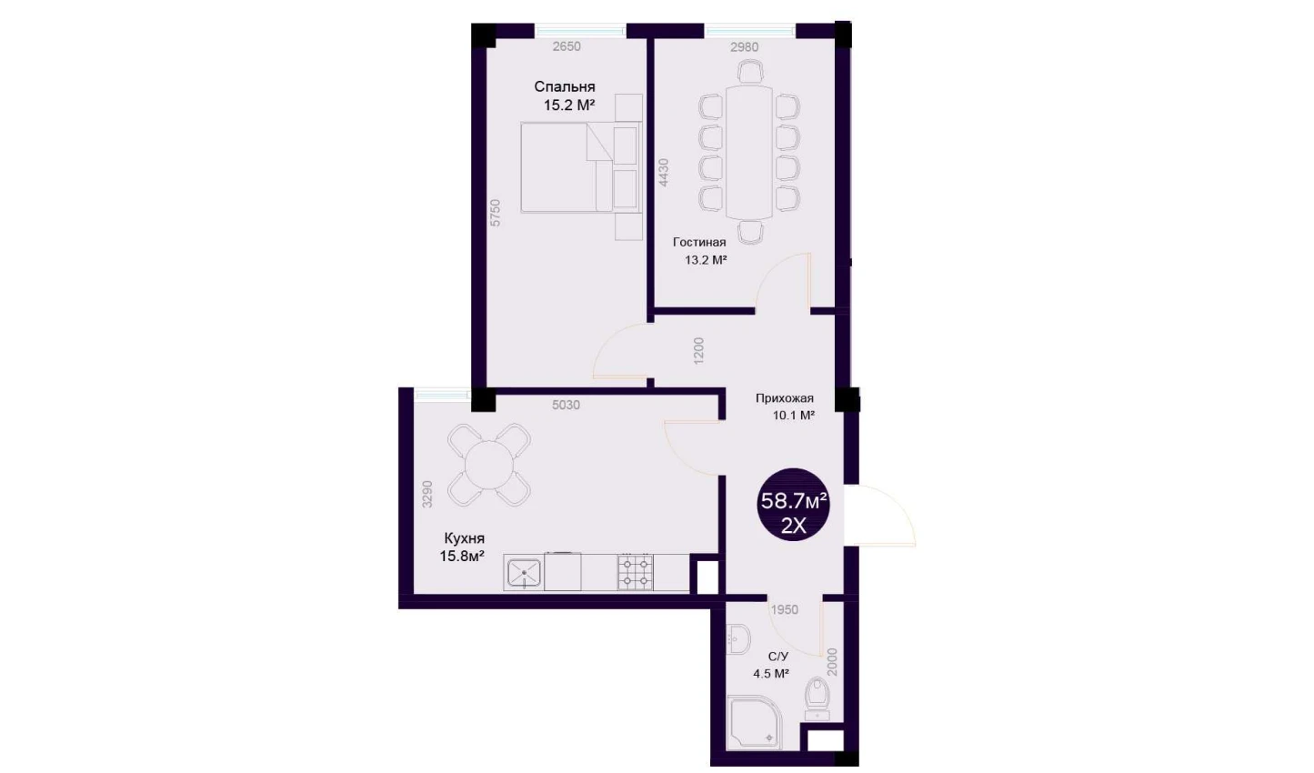 2-комнатная квартира 58.7 м²  1/1 этаж