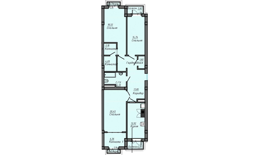 4-комнатная квартира 118 м²  6/6 этаж