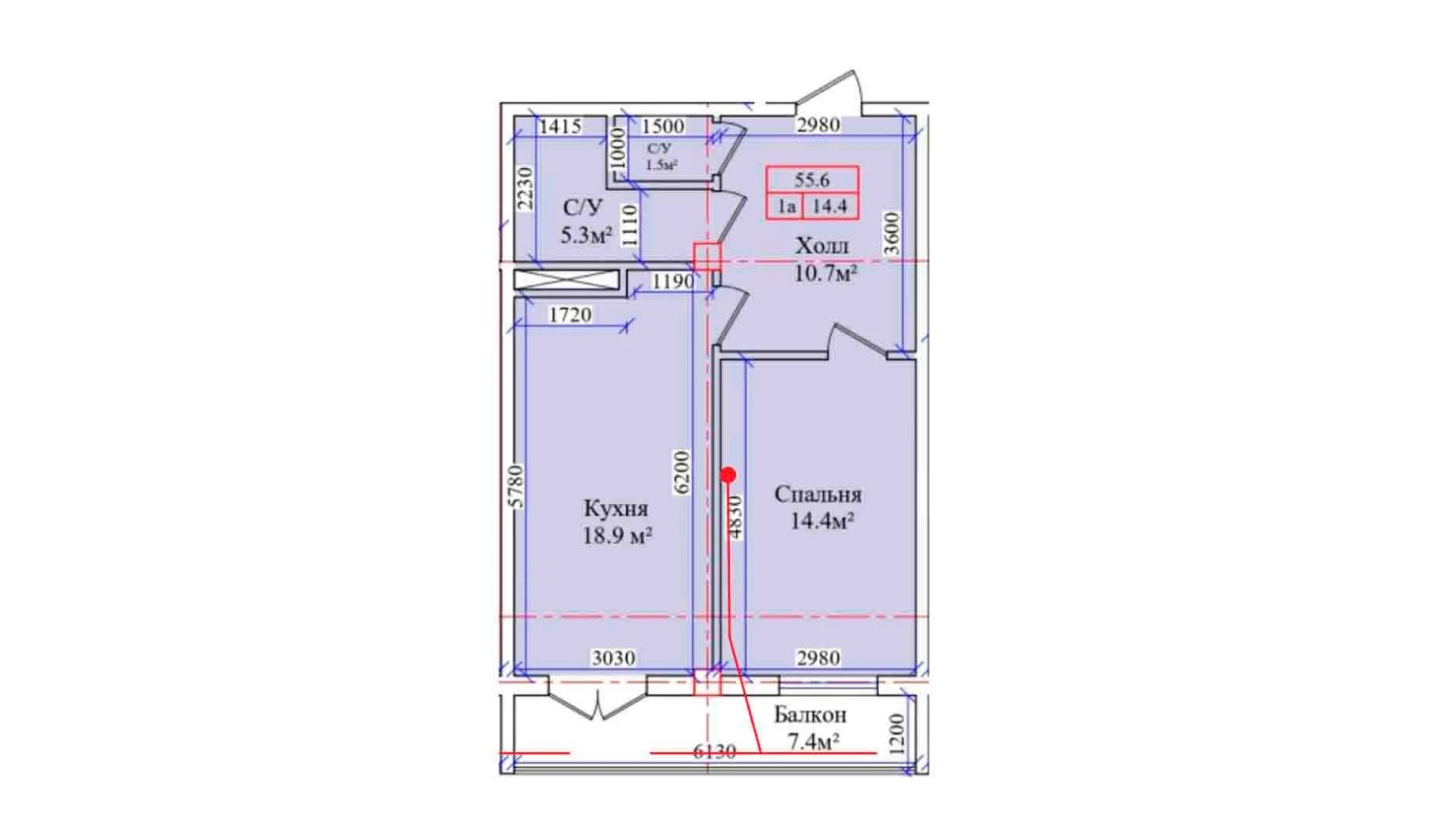 1-комнатная квартира 55.6 м²  2/2 этаж