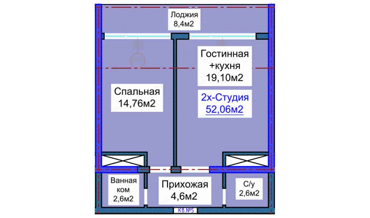 2-комнатная квартира 52.06 м²  14/14 этаж