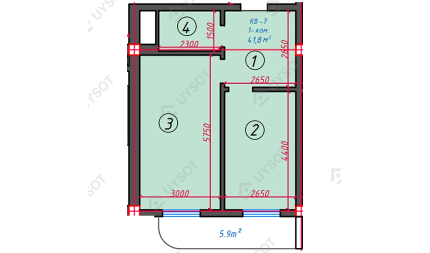 1-комнатная квартира 41.8 м²  12/12 этаж