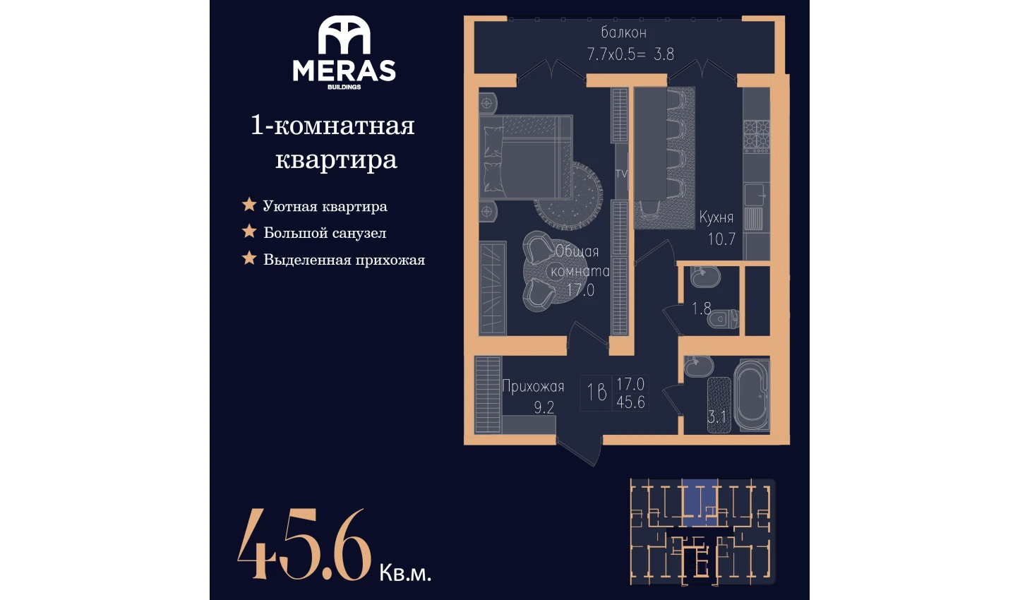 1-комнатная квартира 45.6 м²  9/9 этаж