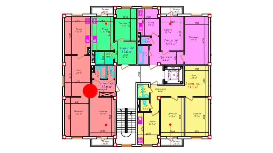 2-комнатная квартира 82 м²  7/7 этаж