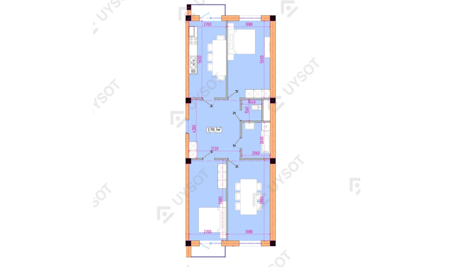 3-xonali xonadon 90.7 m²  11/11 qavat