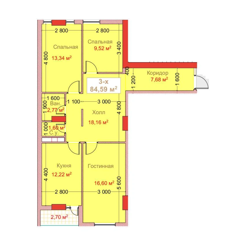 3-xonali xonadon 84.59 m²  3/8 qavat | CAPITAL AVENUE Turar-joy majmuasi