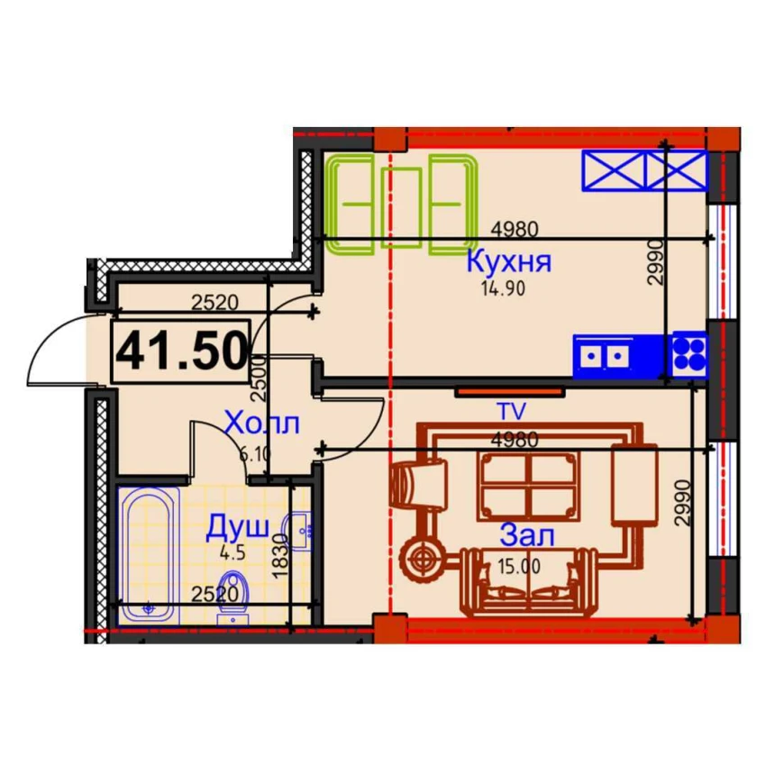 1-комнатная квартира 41.5 м²  1/1 этаж