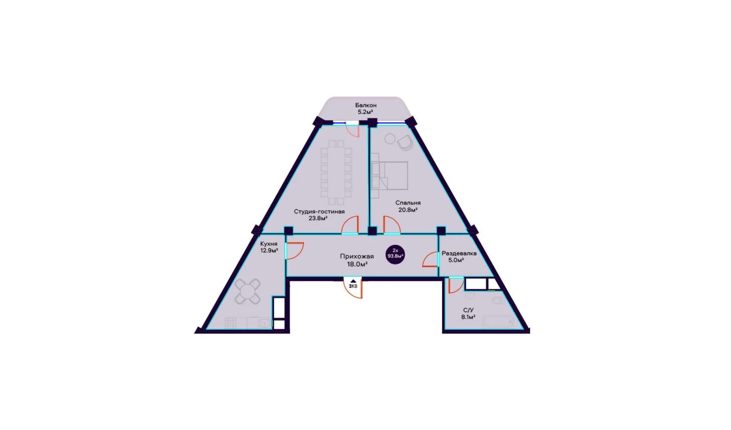 3-комнатная квартира 93.8 м²  8/8 этаж