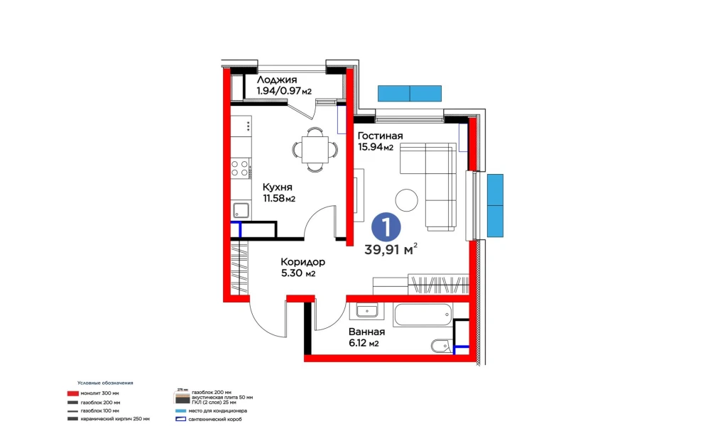 1-xonali xonadon 39.91 m²  10/10 qavat